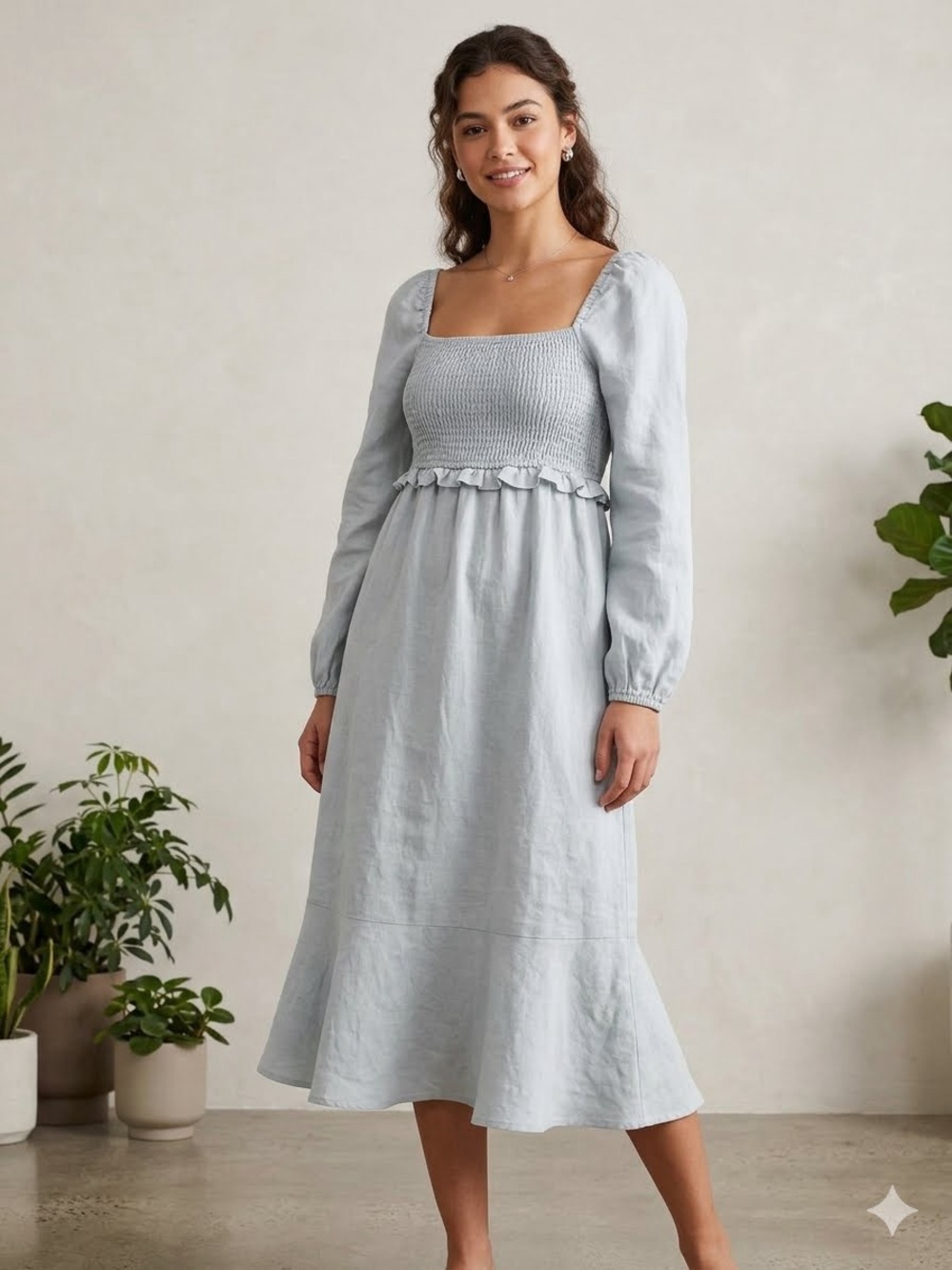 Smocked Square-Neck Long Sleeve Midi Dress size S